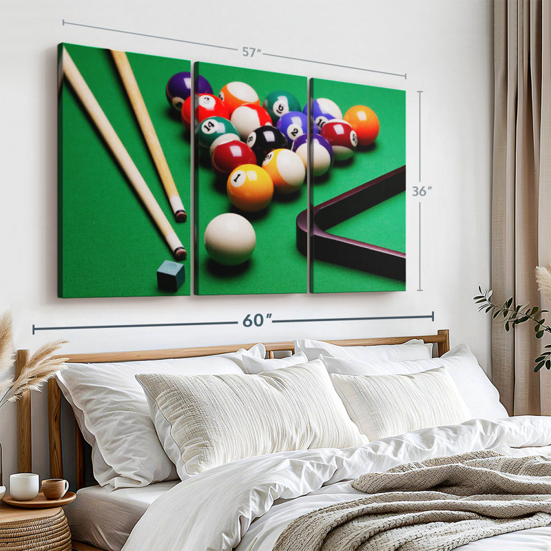 «Game Of Billiards», 3 pièces sur toile, H 36 po x l 57 po x P 1,25 po