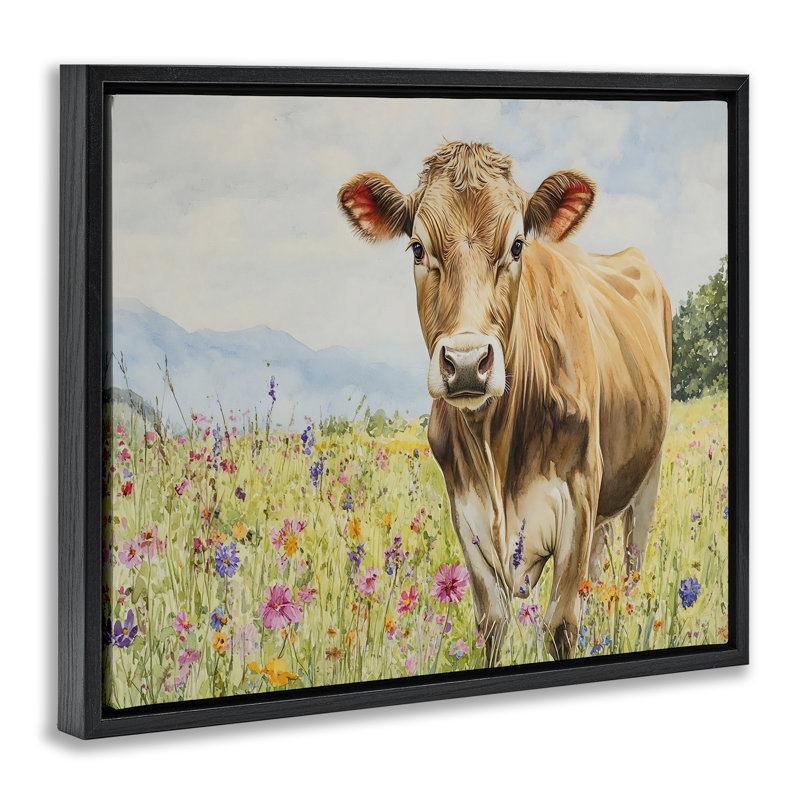 «Swiss Cow in Meadow Floater», art mural par Franklyn Gregory, H 17 po x l 21 po, Cadre flottant noir de jais