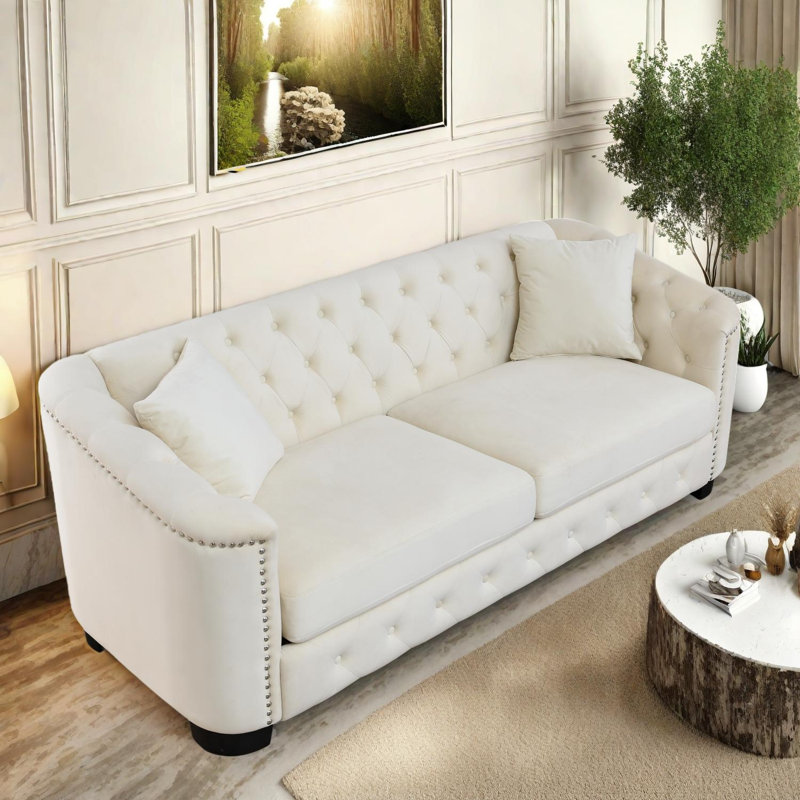 Canapé Chesterfield moderne en velours 77 pouces avec dossier capitonné et accoudoirs cloutés, Beige