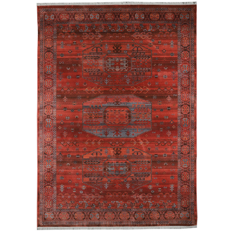 Tapis rouge / gris en polyester tissé à la machine Delatorre, Rectangle 3 pi 11 po x 5 pi 11 po