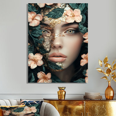 Photo florale de mode femme or et émeraude - impression murale en métal glam, mode femme