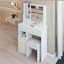 Petit meuble-lavabo de 29,2 po avec tiroir à gauche et tabouret rembourré, très grand miroir coulissant à droite, rangement multi-couches à grande capacité, commode pratique et pratique, convient aux petits espaces-287303028