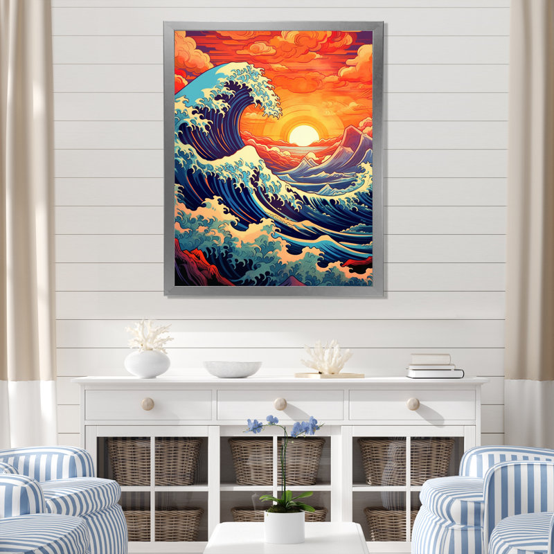 «Majestic Sunset Wild Waves Breaking Retro», reproduction sur toile encadrée, H 32 po x l 24 po x P 1 po, Cadre photo argenté