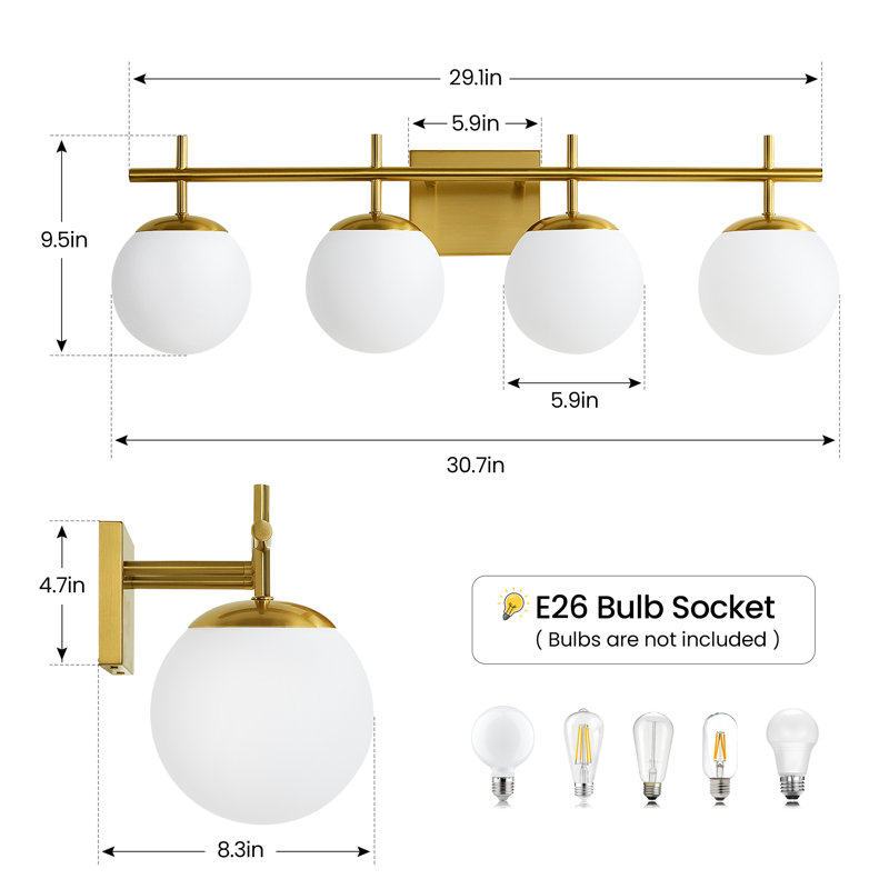 4-Light Dimmable Vanity Light For Bathroom Mirror Up/Down Mount With Glass Shape, Gold