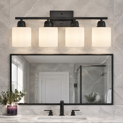Applique murale de salle de bain noire à 4 lumières, 24 po, avec abat-jour blanc et antirouille.