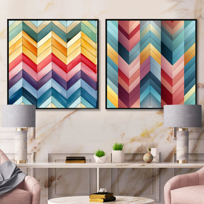 Aquarelle Caprice multicolore à motif de chevrons II - formes abstraites carrées, ensemble de 2 collages