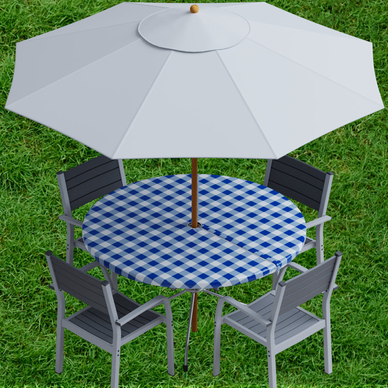 Jevdokija Vinyl Picnic Fited Tableclth With Umbrella Hole 30" Round, 30" x 30", Blue