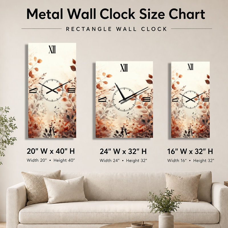 Horloge murale grand format Japandi, motif délicat de fleurs sauvages brunes I, H 40 po x l 20 po - Rectangle