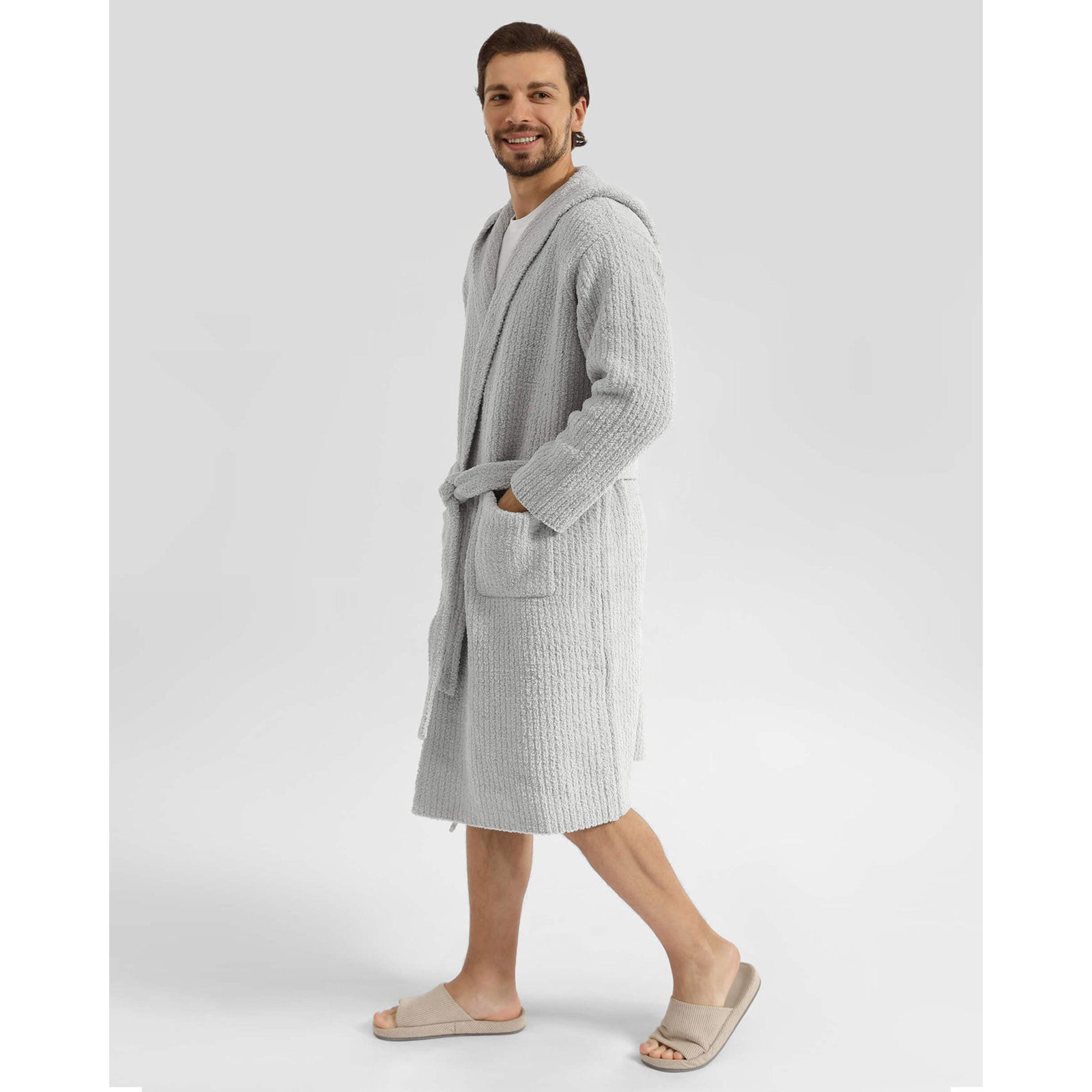 Ribbed Hooded Robe, Cloud Gray, S / M
