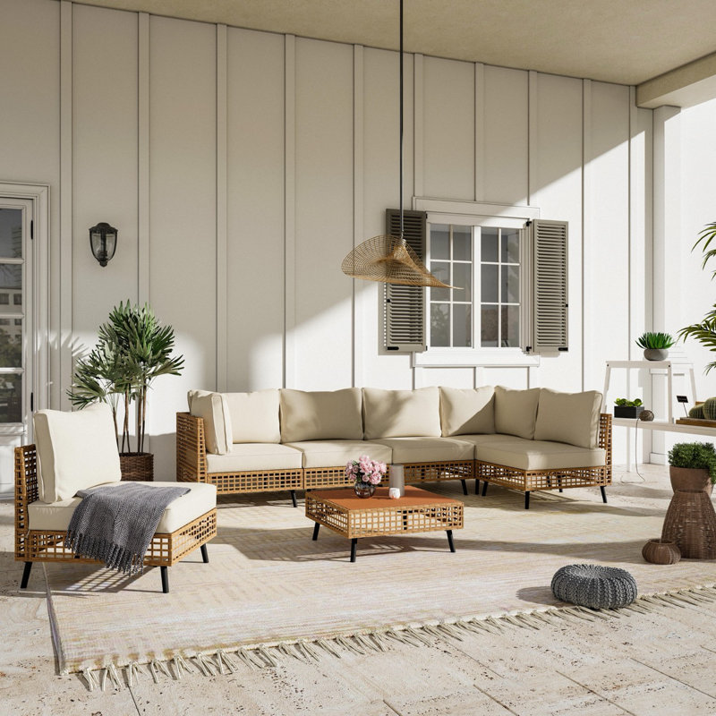 7 Pieces Wicker Sectional Seating Group with Cushions, Beige/Brown