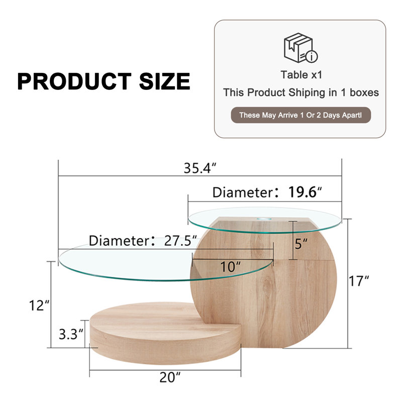 Luxurious 35.4" Glass Top Round Nesting Coffee Table with 3-Tier Storage Shelves, Light Wood