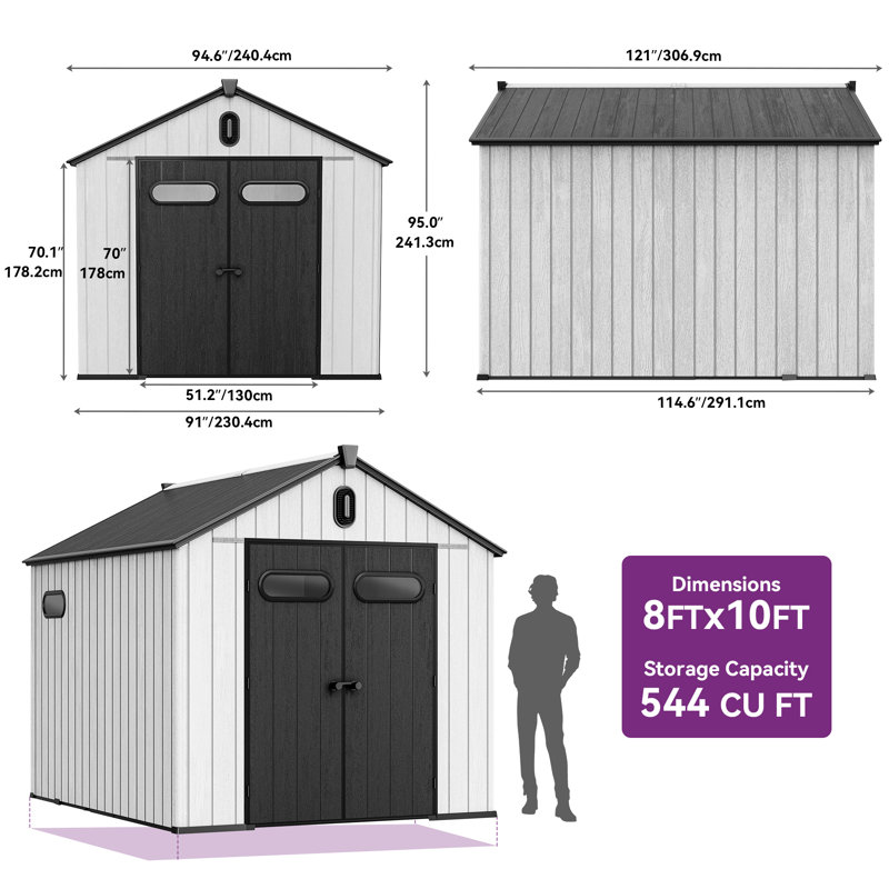 8 Ft. W x 10 Ft. D /8 Ft. W x 8 Ft. D Plastic Outdoor Storage Shed, 95" H x 91" W x 114" D