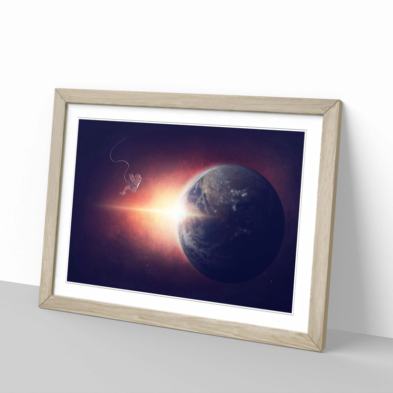 Astronaut & Planet Earth - Picture Frame Graphic Art Print, 27cm H x 36cm W x 2cm D, Oak Framed