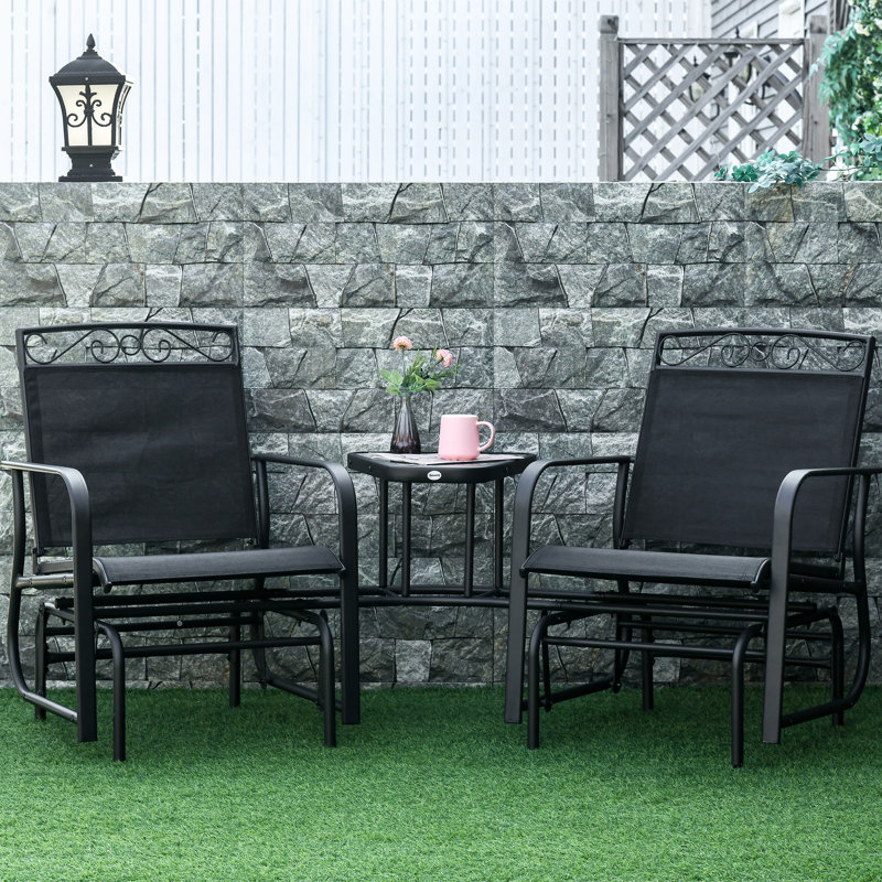 Fauteuil oscillant avec table basse pour la cour arrière - 2 balançoires à bascule, toile respirante, chaise de jardin noire, finition aérée