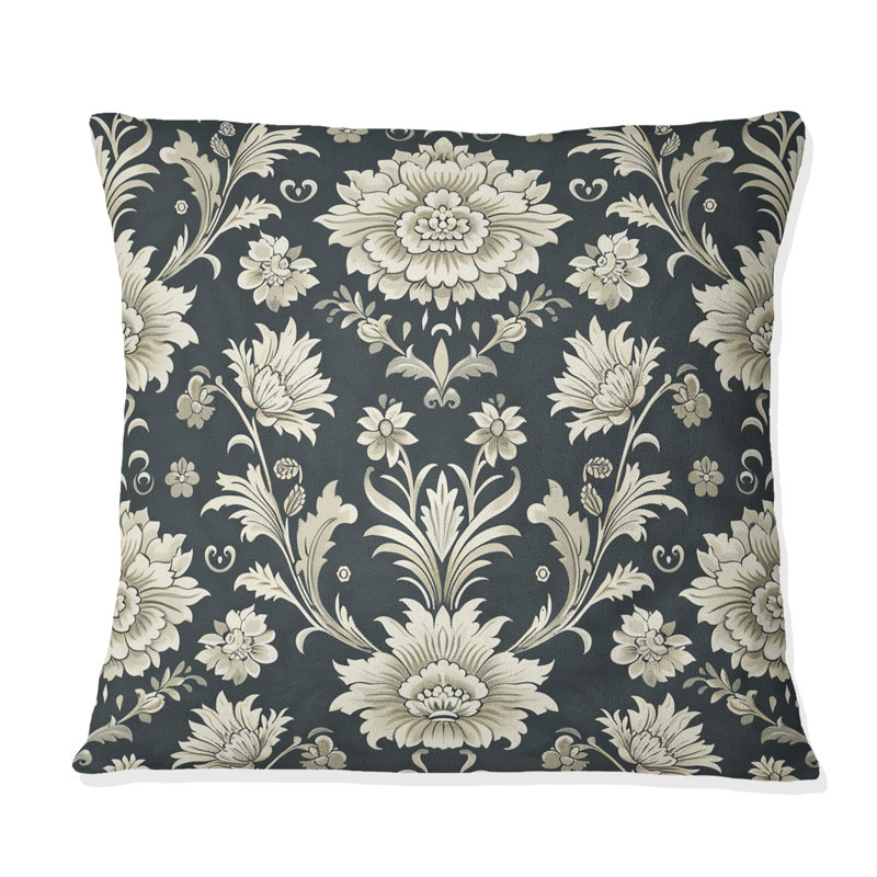 Fleurs rétro beige et vert - Coussin décoratif rétro, H 16 po x l 16 po