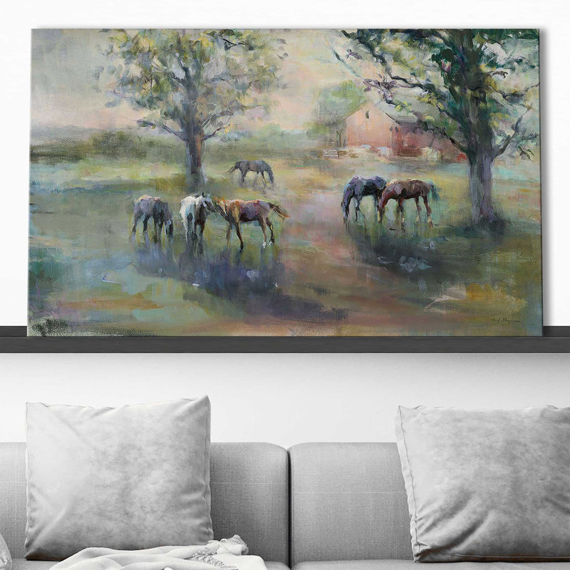 Lever du jour à la ferme par Marilyn Hageman - Peinture, H 28 po x l 48 po x P 1,5 po, Toile tendue