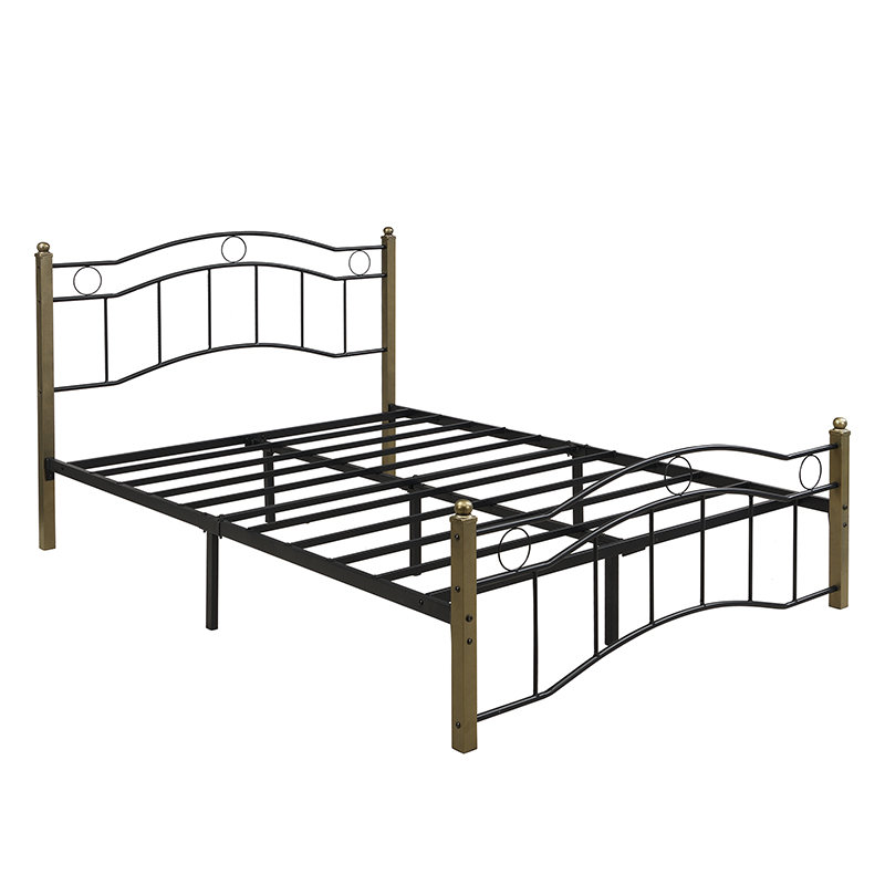 Structure de lit double en métal avec tête et pied de lit ondulés, lit plateforme contemporain en fer pour la chambre à coucher, noir et or