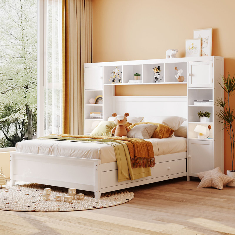 Arnitha 4 Drawers Storage Platform Bed with Bookcase Headboard, White, Full