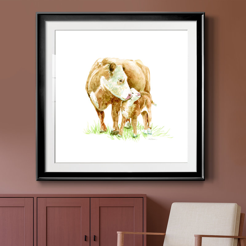 Vache et veau - Peinture encadrée, H 26,5 po x l 26,5 po x P 1,5 po, Cadre noir
