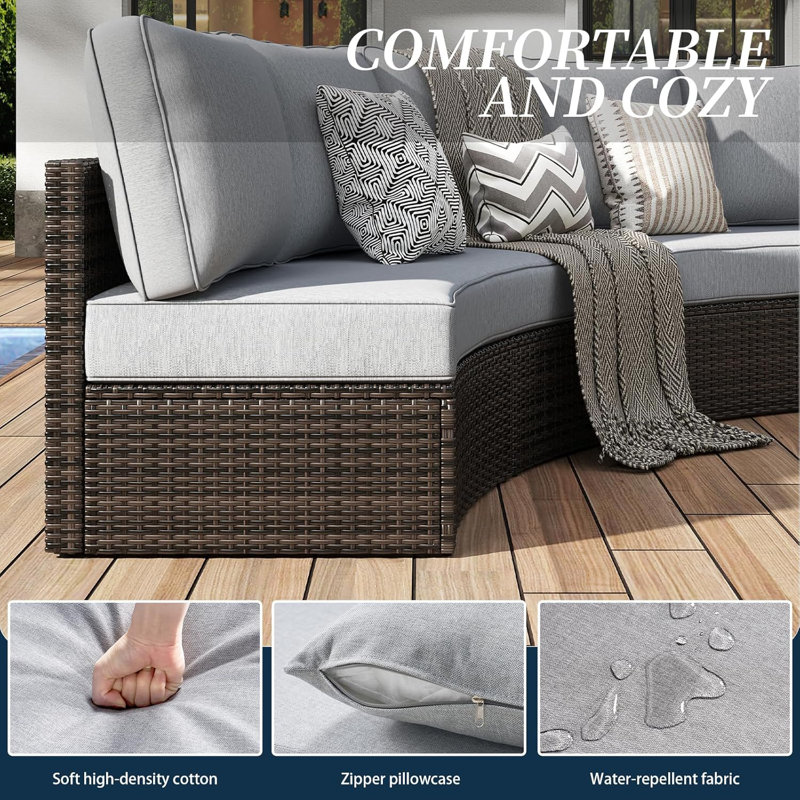 5 Piece Half Moon Rattan Sectional Seating Group with Cushions