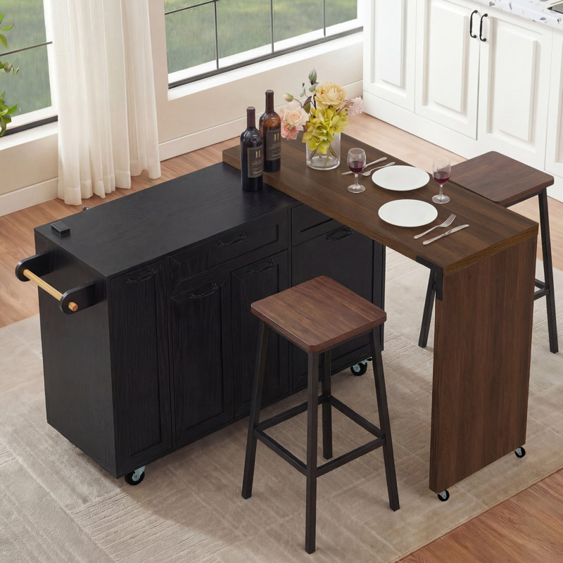 102.3" Rolling Kitchen Island With Extendable Dining Table, Kitchen Cart With Trash Storage Cabinet, 3-Tier Pull-Out Spice Rack