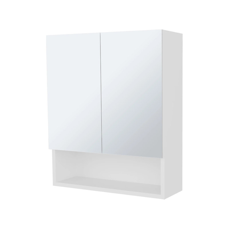 Armoire à pharmacie blanche avec portes en miroir et rangement ouvert