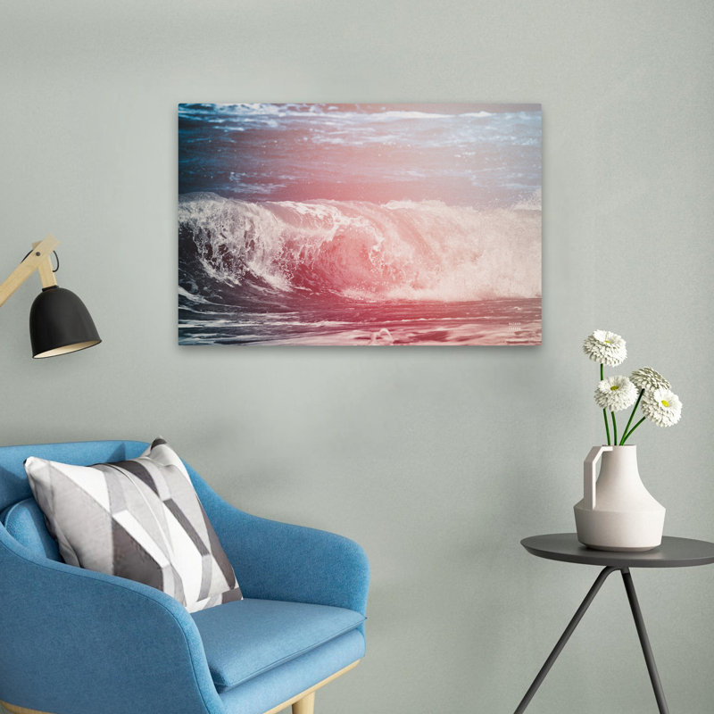 Plage perdue, vagues contemporaines, rose III, bleu, blanc, blanc, plage, H 24 po x l 16 po