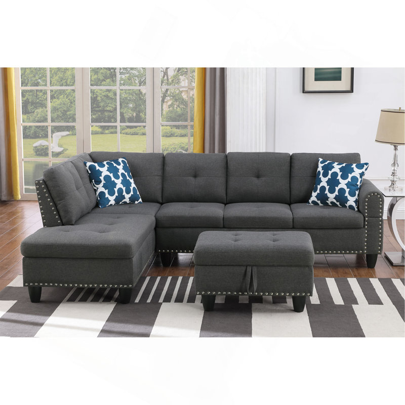 Canapé avec méridienne et repose-pieds de 98 po de large avec repose-pieds, Gris foncé