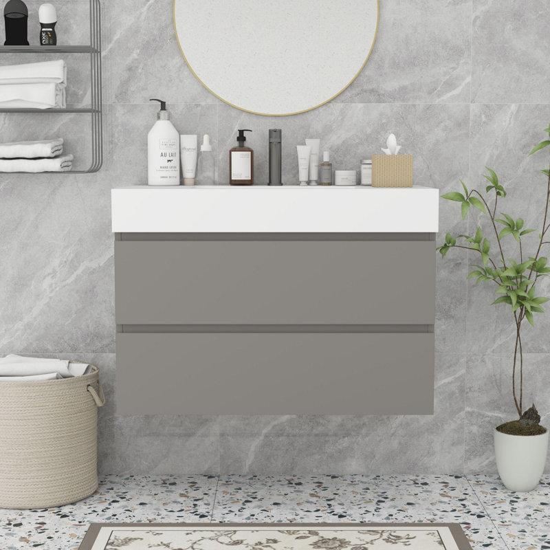 Meuble-lavabo moderne avec lavabo, Blanc, Gris