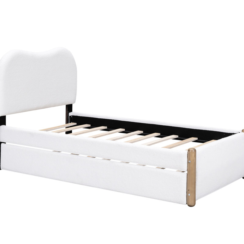 Lit plateforme avec lit gigogne simple - revêtement en bois massif rembourré, expérience de sommeil relaxant, Twin, White