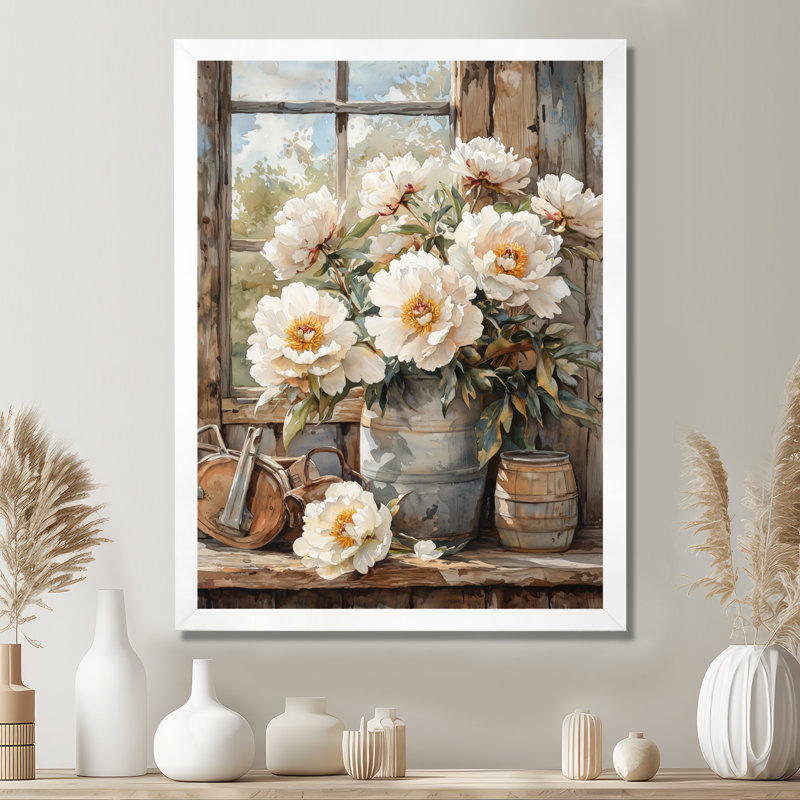 Drashawn - Décoration murale florale, H 32 po x l 16 po, Reproduction encadrée sans passe-partout, Blanc