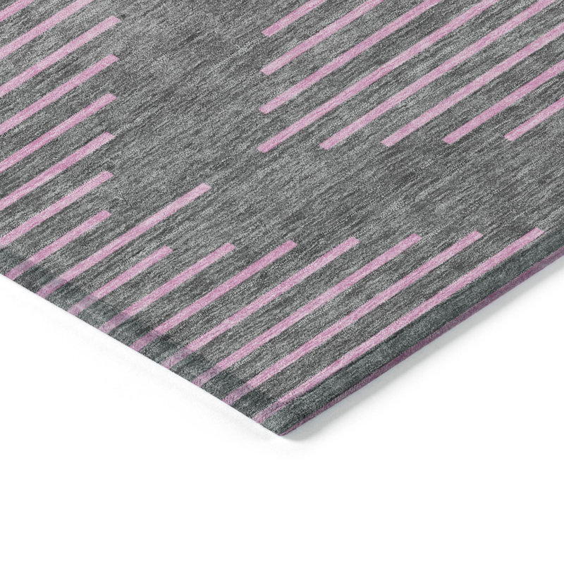 Gray and Pink Geometric Washable Synthetic Rug
