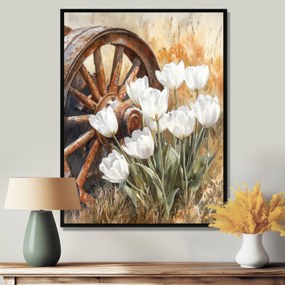 «Tulips By The Wagon Wheel II - Tulipes», reproduction sur toile encadrée