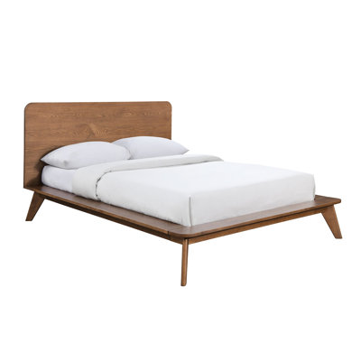 Full Size Walnut Solid Wood Bed, Mid - Century Modern Platform Panel Headboard, Tapered Angled Legs, Mattress Ready Bedframe, Transitional