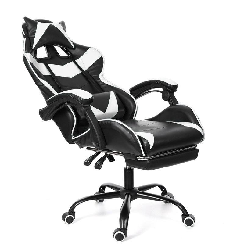 Wade Logan Kiran Adjustable Reclining Ergonomic Swiveling PC & Racing Game Chair with Footrest, Black/White