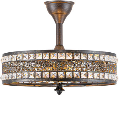 Ventilateur de plafond lustre en cristal rétro en bronze antique avec motif en cage