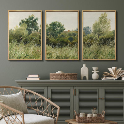 Rural Landscape " Bucolic Wildflower Meadow Rustic Nature Scene Nature Landscape Vintage Classic Rustic Art Decor " 3 - Pieces