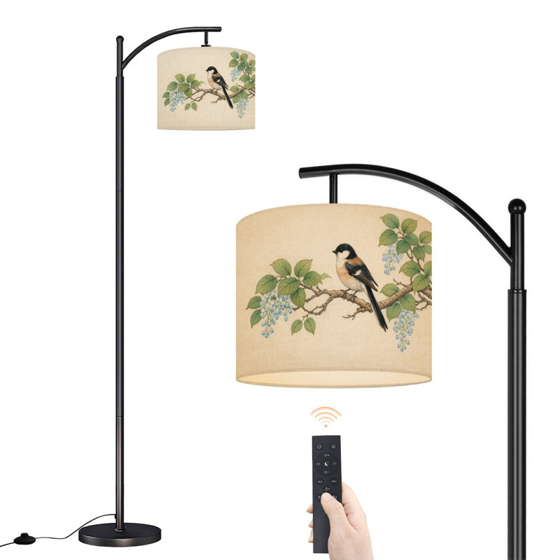 Lampe sur pied à arc avec abat-jour réglable Vintage Botanical Bird Green Leafy Branches Lampe sur pied 3 températures de couleur à intensité variable pour poteau haut avec interrupteur au pied pour la chambre à coucher