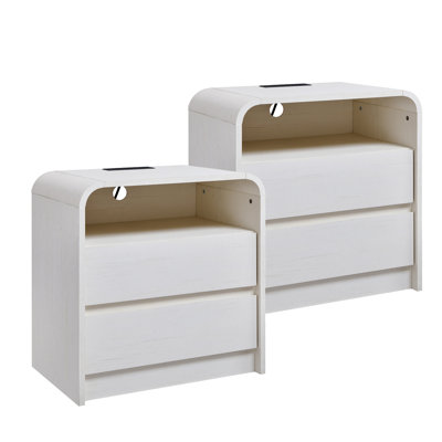 25" Tall End Table with 2 Storage Drawers, Small Side Table with Charging Station, Bedroom, Living room, Curved Contour Design (2 Sets)