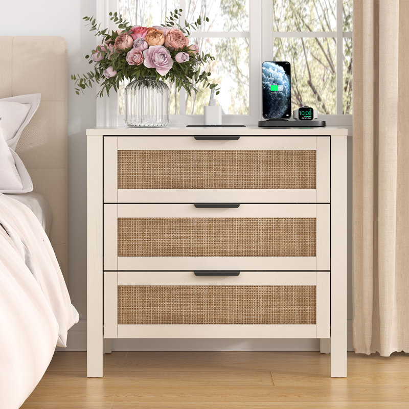26.4'' W 3-Drawer Boho-Style Nightstand with Charging Station, White