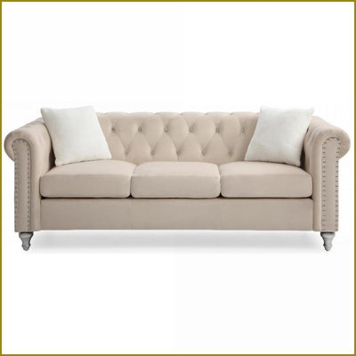 Canapé de salon en velours de micro suède Raisa Coussins décoratifs | Beige | Velours | Accoudoirs roulés