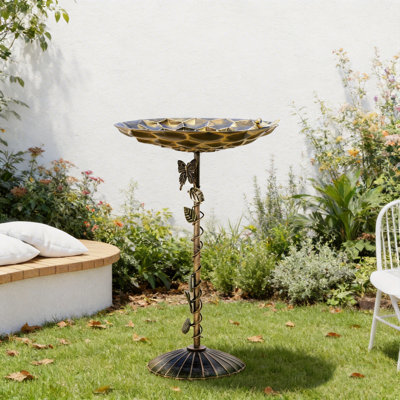 29" H Bird Bath Antique Bronze Metal Pedestal with Butterfly & Vine Details, Honeycomb Basin Decorative Bird Feeder for Outdoor Garden, Yard & Patio