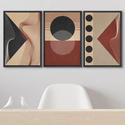 " Geometric Art Deco Black Red Polygon Collage Nature Abstract Modern Art Boho Decor " 3 - Pieces