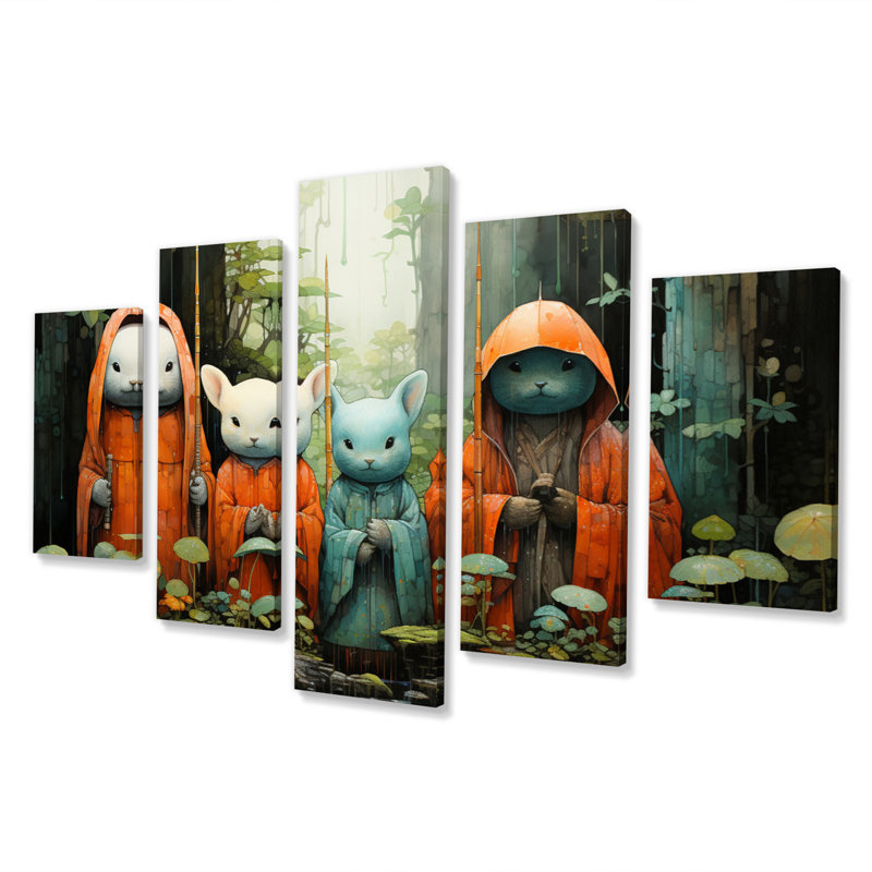 Japon Art Guardian Jizos III - Art mural japonais sur toile - 5 panneaux