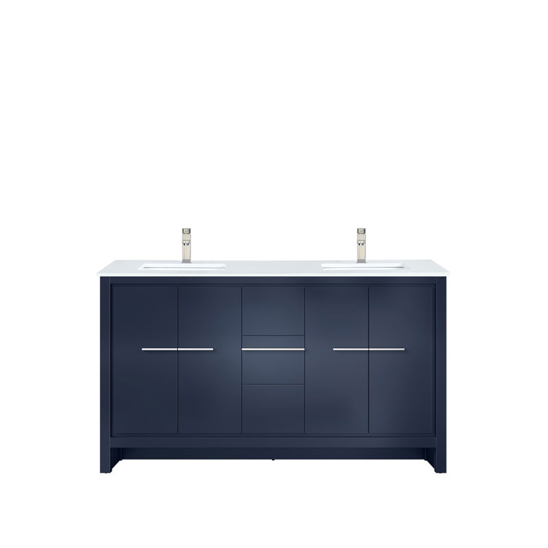 Navy Blue Double Bath Vanity 60 In. W X 20 In. D, Quartz Top And Brushed Nickel Faucet Set, Navy Blue