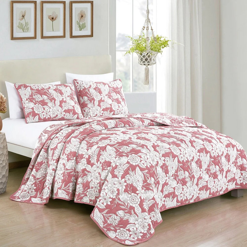 Ensemble de courtepointe 3 pièces rose et blanc, Courtepointe très grand et 2 très grandes taies