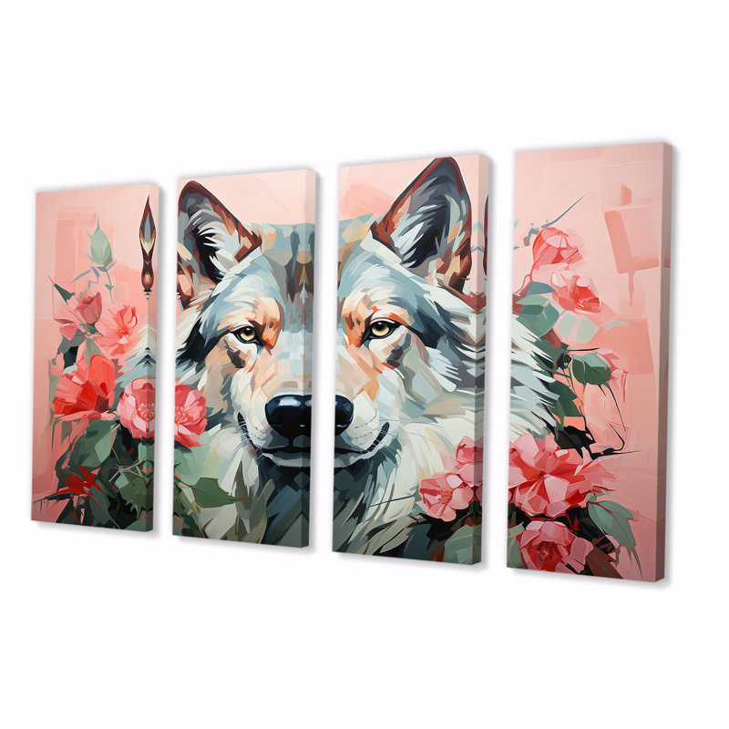«Rose and Green Boho Wolf Portrait IV - Wolf», art mural sur toile, H 28 po x l 48 po