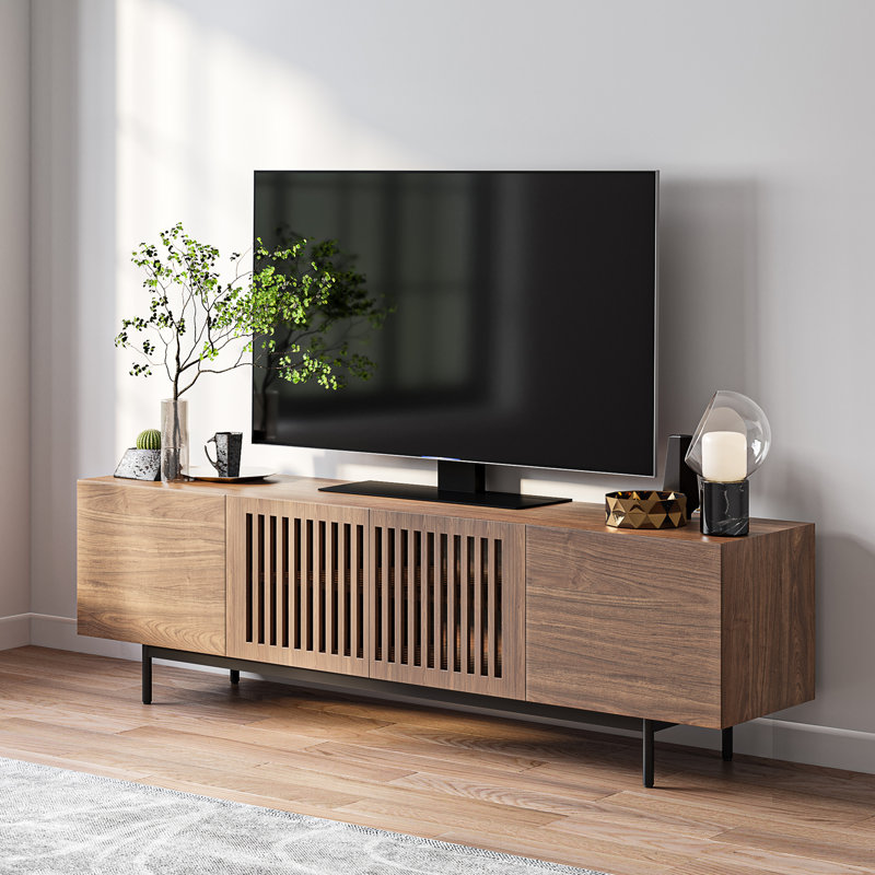 Meuble télé Mid-Century moderne pré-assemblé, H 21,25 po x L 70,87 po x l 15,75 po, Brun