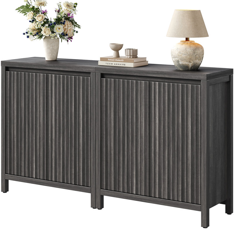 Buffet à panneau cannelé l 29,1 po avec 2 tablettes réglables, Chêne noir, 2
