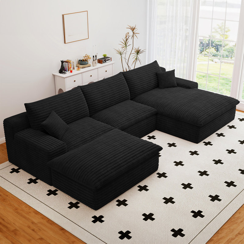 Boneless 107" Cloud Sectional Couch with U-Shaped Chaise,Corduroy Viral Boneless Sofa with Ottoman,Memory Foam Couches in a Box with Deep Seat for Living Room,No Assembly Required